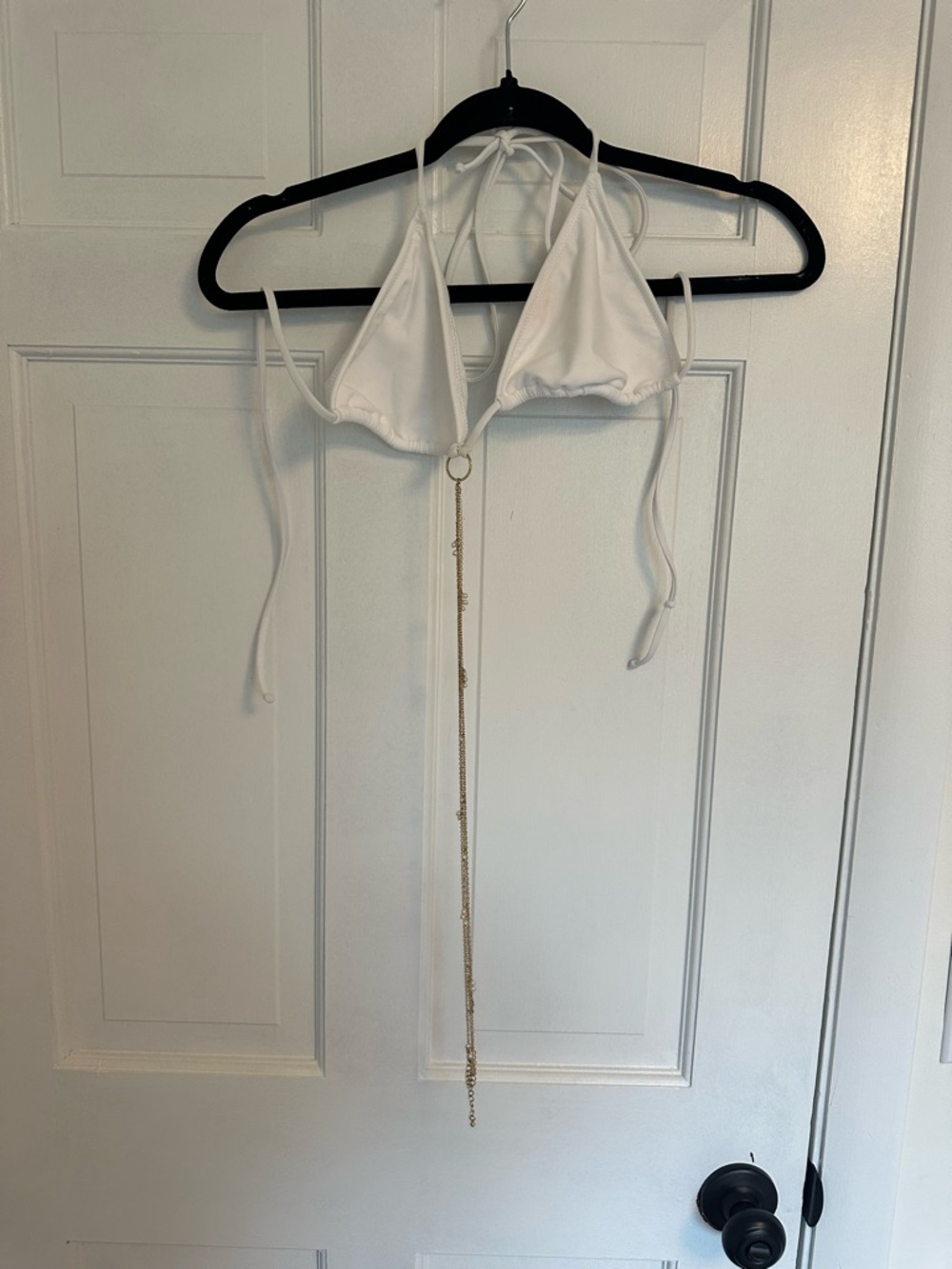 White Triangle Halter Bikini Top with Gold Chain Accent